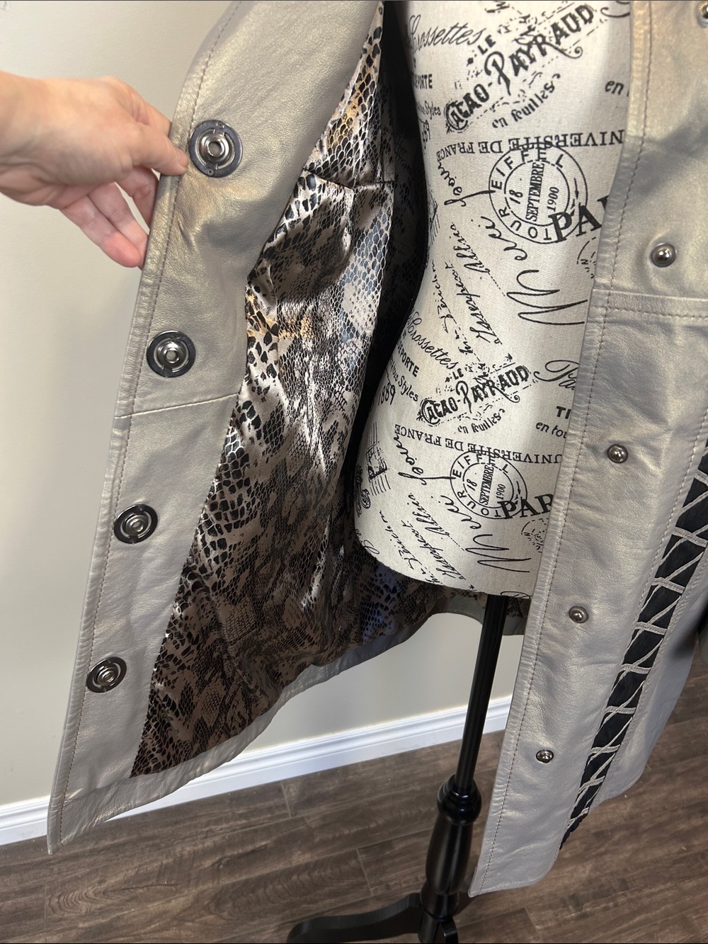 Dolce Vitalli Metallic Taupe Snake Print Moto Car Coat Jacket Medium - Picture 7 of 11
